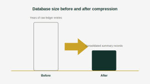 Data compression business central before and after — years of raw ledger entries consolidated into summary records