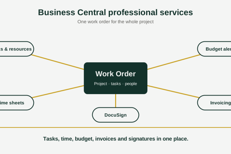 business-central-professional-services Business Central professional services work order connecting tasks, time sheets, budget, invoicing and DocuSign